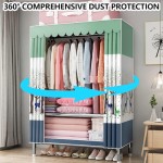 Portable canvas wardrobe, measuring 86x46x175 cm, is foldable and features hanging rods and shelves for convenient clothing storage.